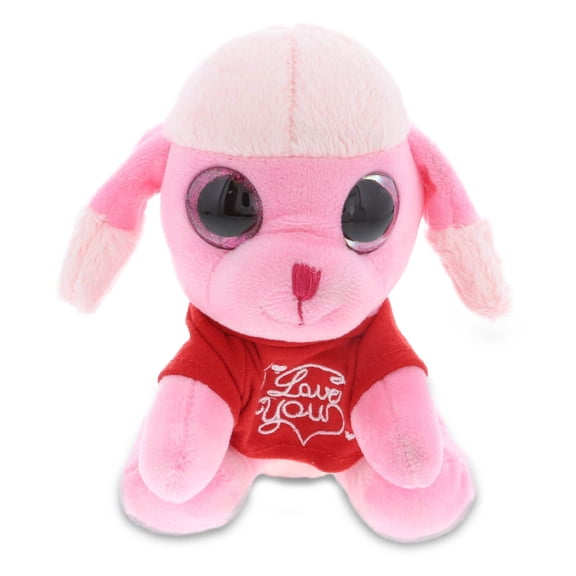 DolliBu I LOVE YOU Sparkling Big Eye Small Pink Poodle Plush - Stuffed Animal with Red Shirt For Valentine, Anniversary, Romantic Date, Cute Pet Plush Toy Gift For Boyfriend or Girlfriend - 6 Inch