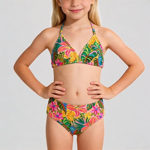 Krdevn Girls 2-Piece Tropical Floral High-Waisted Bikini Set, Halter Triangle Top & High-Waisted Bottoms, Swimwear for Kids & Teens,10-11 Years