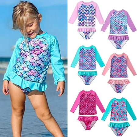 

2-10Y Girls Long Sleeve Rash Guard UPF50+ Swimsuit Mermaid Ruffles Two Pieces Bikini Set