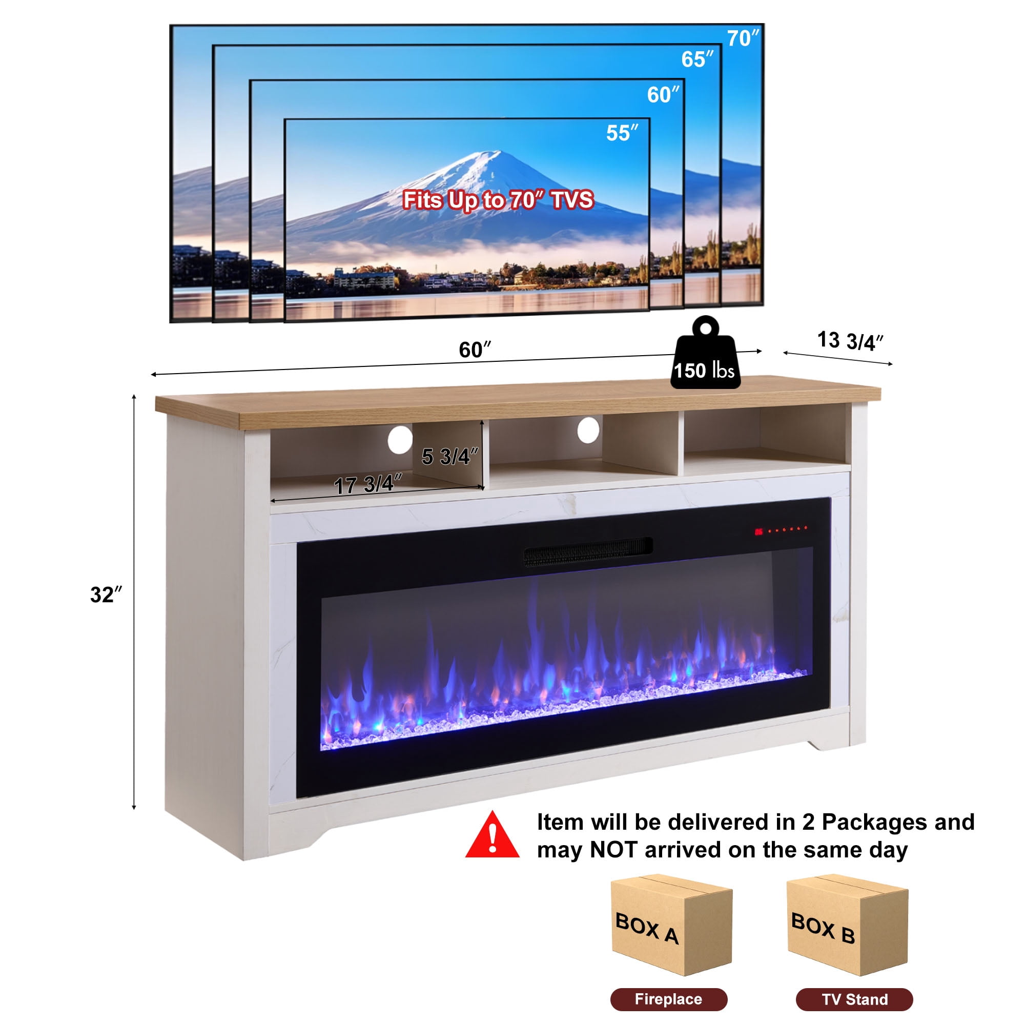 Innoflame Fireplace TV Stand for 70" TVs, Entertainment Center w/50 Inch Fireplace, WiFi Enabled, APP/Voice Control, Simulated Marble Surrounded, Open Shelves Storage,White