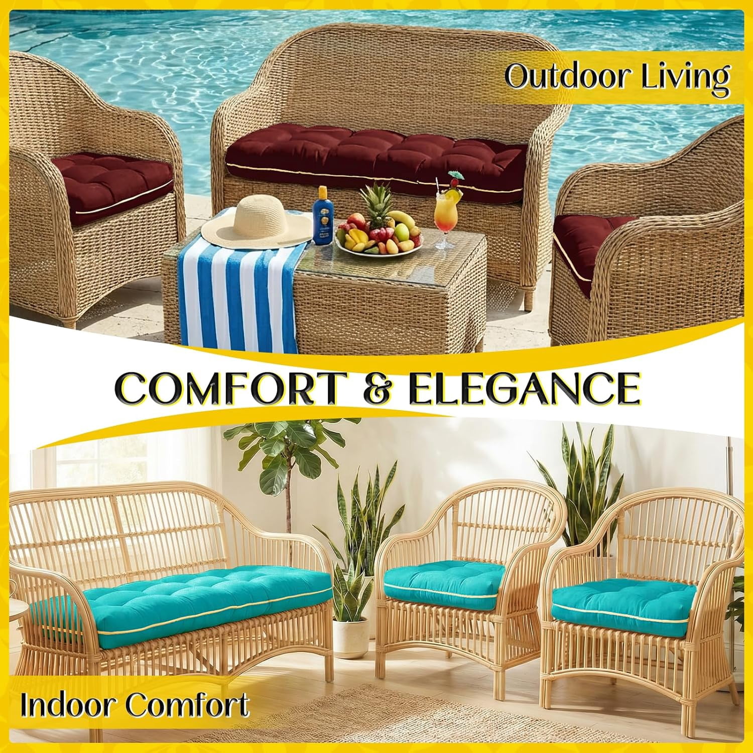 Wicker Chair Cushions 3 Pieces Set for Outdoor Furniture, Replacement Patio Wicker Furniture Cushions, 1Pc Loveseat Cushion & 2Pcs Chair Cushions (Burgundy)