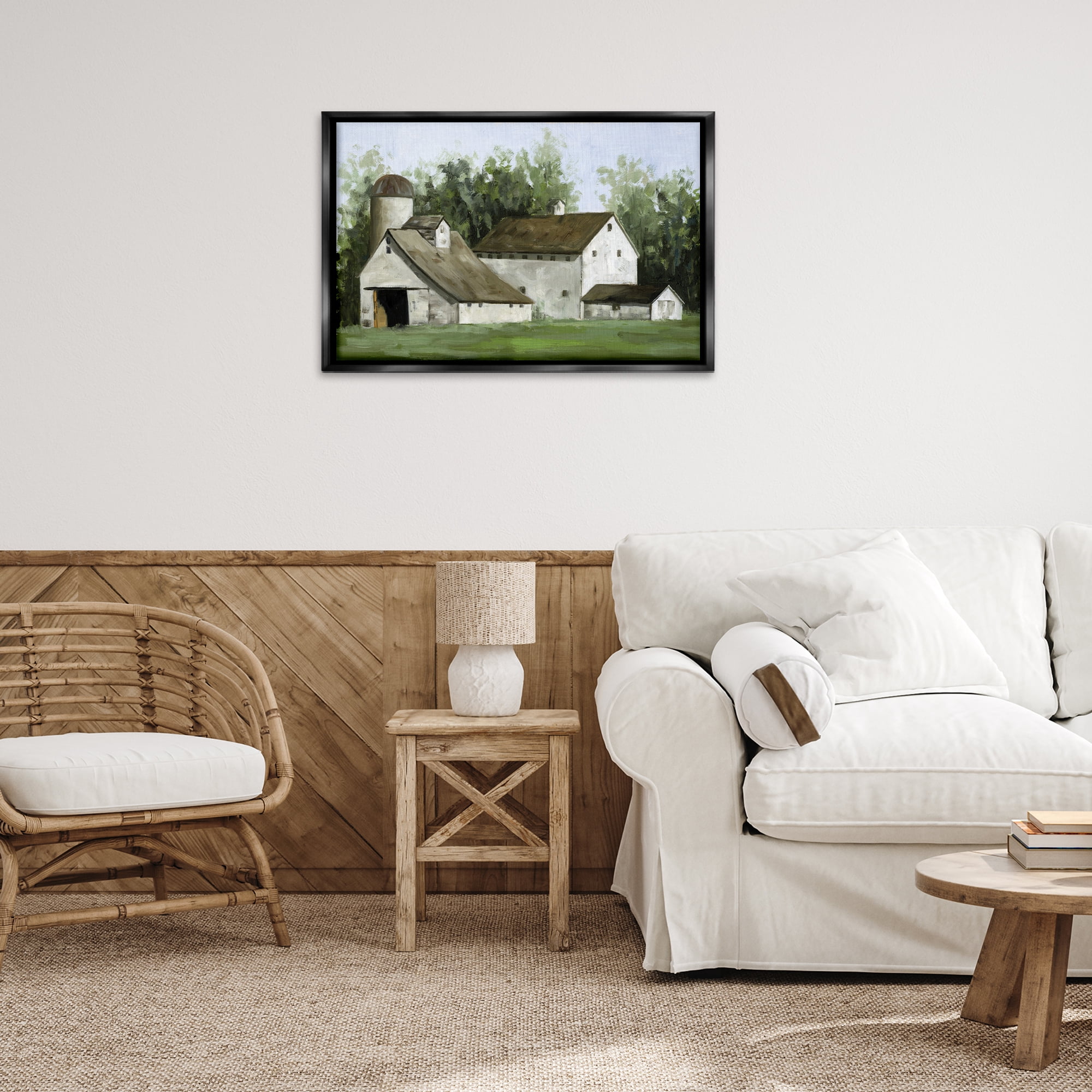 Stupell Industries White Barn Farmhouse Landscape Painting Black Floater Framed Canvas Art Print Wall Art, 31 x 21