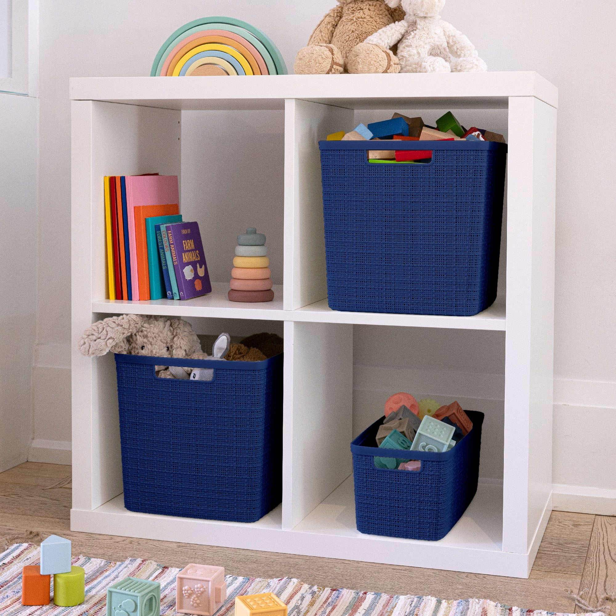 Curver Set of 6 Jute Basket Slim Durable Resin Organization and Storage Basket Bin, Blue