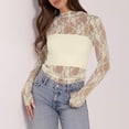 thumbnail image 2 of VBVC Women's Long Sleeve Lace Mesh Sheer Top,Ladies High Neck See-Through Floral Blouse,Slim Fit Party Clubwear Crop Top for Women,Beige,S-XL, 2 of 7