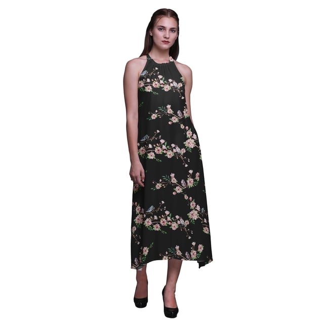 Bimba Oiseau Causal Long Dos Nu Licol Robe de Plage Imprimée-Petite