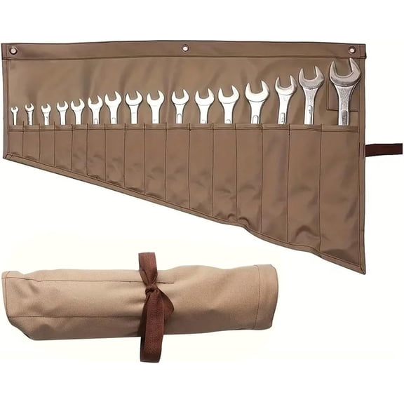 Heavy-Duty Wrench Organizer Roll-Up Bag with 16 Pockets, Waterproof Oxford Canvas Tool Pouch for Mechanics, Plumbers, DIY Home & Auto Repair (Khaki)