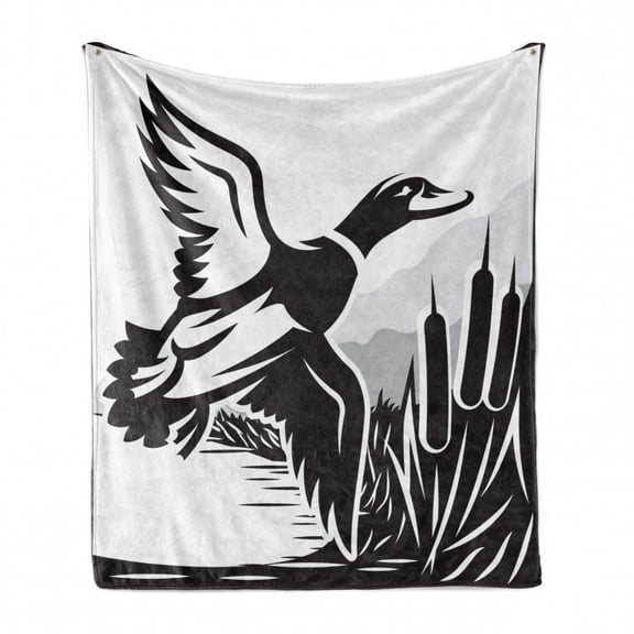 Duck Hunting Soft Flannel Fleece Blanket, Bold Monochrome Computer Graphics of a Flying Duck over the Water, Cozy Plush for Indoor and Outdoor Use, 50" x 70", Charcoal Grey and White, by Ambesonne