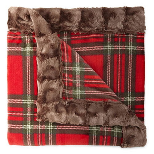 Cuddl Duds Printed Flannel Fleece Throw With Faux Fur Trim RED PLAID