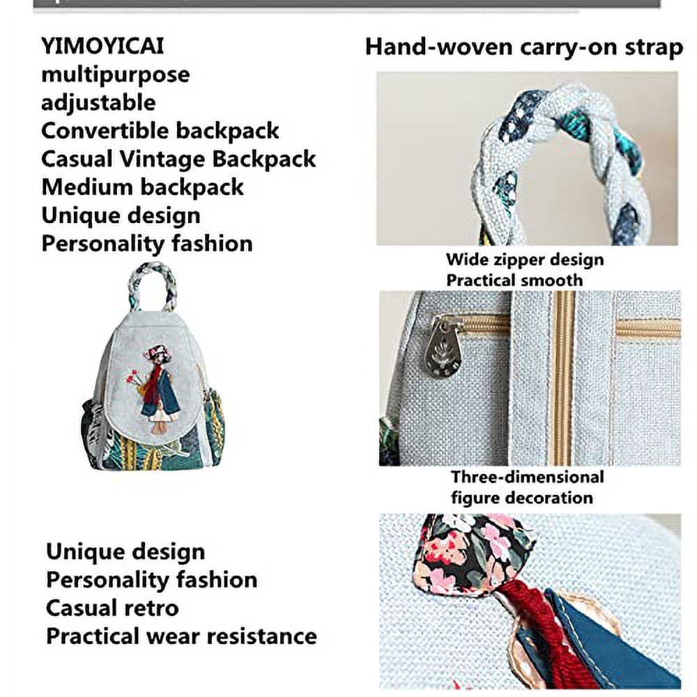 YIMOYICAI Backpack Purse for Women Girl's Convertible Sling Bag Boho Hippie Embroidered Woven Canvas with Woven Cotton Perfect Small Sling Bag Holding Happiness