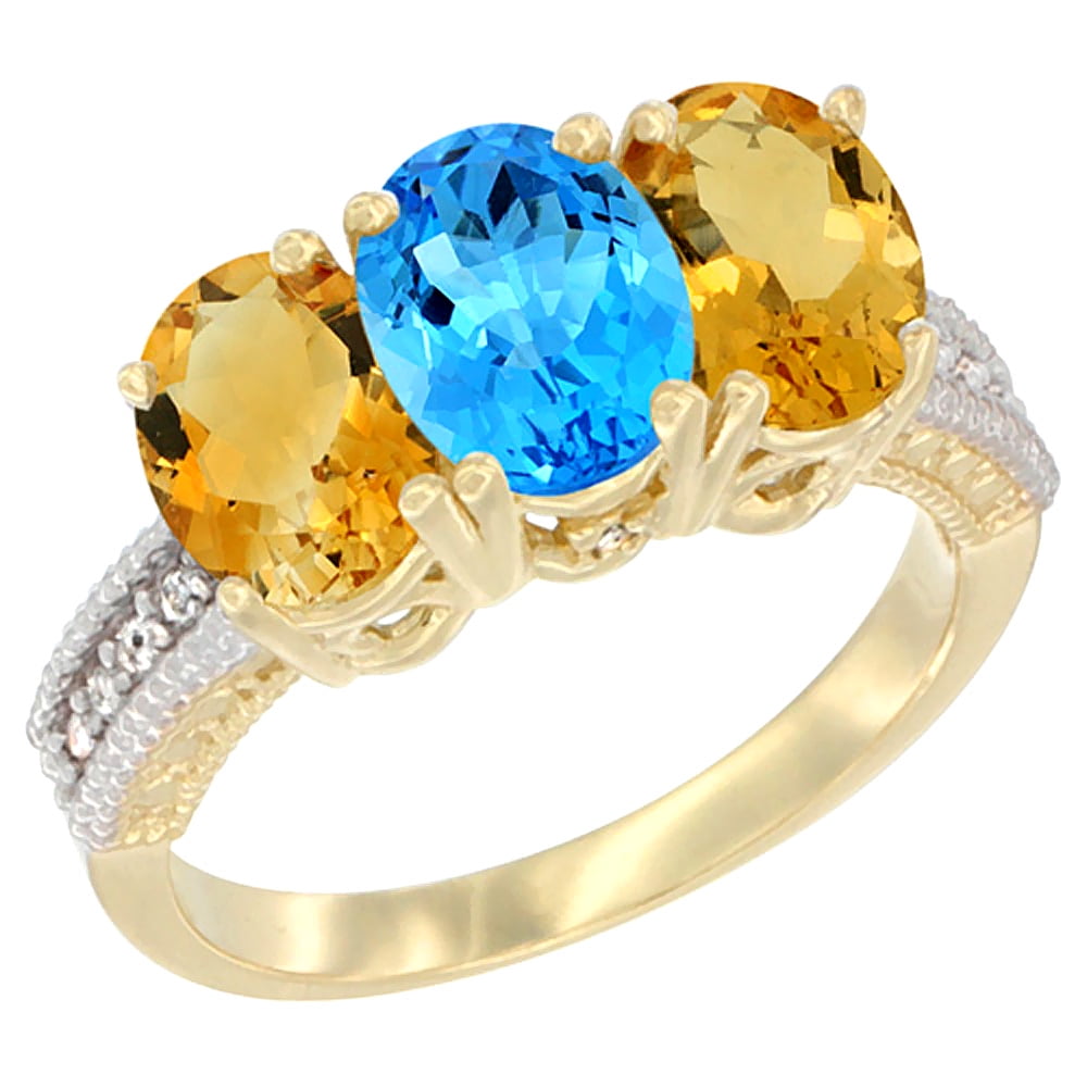10K Yellow Gold Diamond Natural Swiss Blue Topaz & Citrine Ring 3-Stone 7x5 mm Oval, sizes 5 10 by WorldJewels
