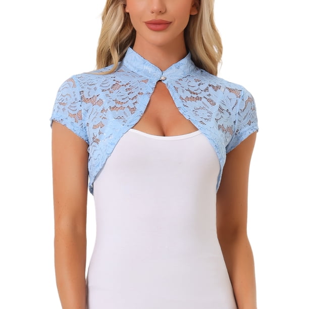 INSPIRAR CHIC Capa de Encaje para Mujeres, Bolero con Cuello Alto, Botón, Manga Corta, Cubierta de Hombros, Azul