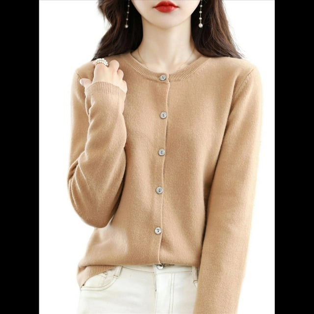 Suéter de Larga con Cuello Redondo de Color Liso para Mujer, Chaqueta de Punto Combinable para y Otoño Camello Dorado L