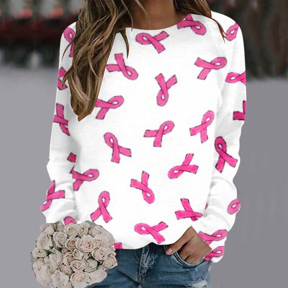Lolmot Breast Cancer Awareness Shirt for Women Crewneck Long Sleeve Pullover Tops Pink Ribbon Hoodless Sweatshirts