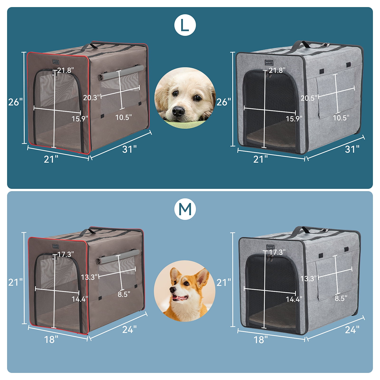 Petsfit Soft Collapsible Dog Crate, 31" Portable Travel Dog Crate with Mesh Windows for Large Dogs, Pet Kennel Suitable for Car Army Green