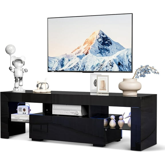 VINGLI LED TV Stand, 63'' High Glossy Modern Entertainment Center with LED Lights and Storage for 55/60/65/70 Inch TV (White, 63'' x 14'' x 18'')