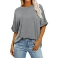 thumbnail image 1 of Yuyuzo T-Shirts d'Été pour Femmes à Col Rond, Manches Mi-Longues, Coupe Ample, Chemises Décontractées Unies, T-Shirts Basiques, 1 of 6