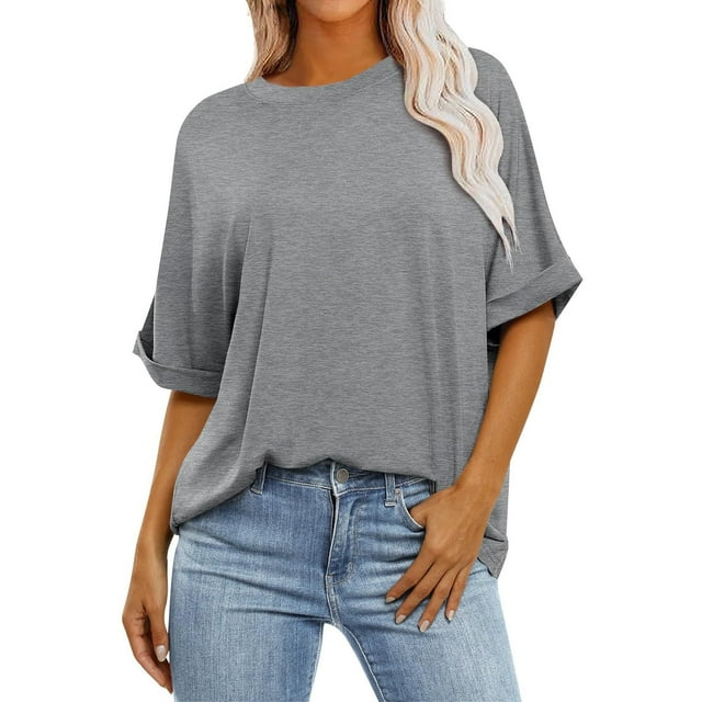 Yuyuzo T-Shirts d'Été pour Femmes à Col Rond, Manches Mi-Longues, Coupe Ample, Chemises Décontractées Unies, T-Shirts Basiques