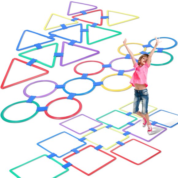 Liliful 30 Pcs Hopscotch Ring Game Multicolored Hopscotch Squares Triangle Set and 45 Connectors Outdoor Game Obstacle Course for Indoor Playground Girls Boys Kids Balan