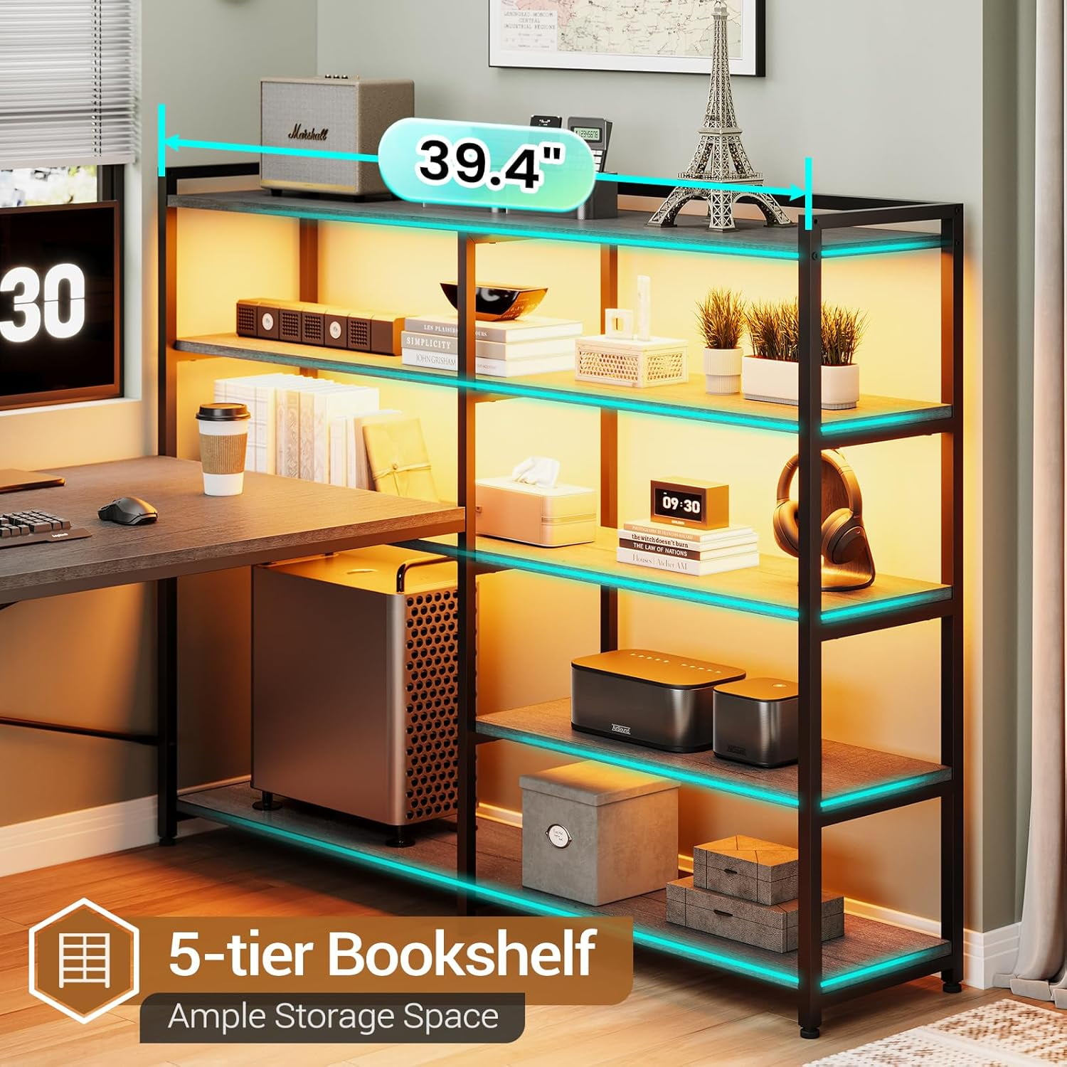 Grey 64.5" Reversible Office Desk with Fabric File Drawer, Computer Desk with Storage Bookshelf and Drawers, Corner Computer Desk with Power Outlet & LED Strip