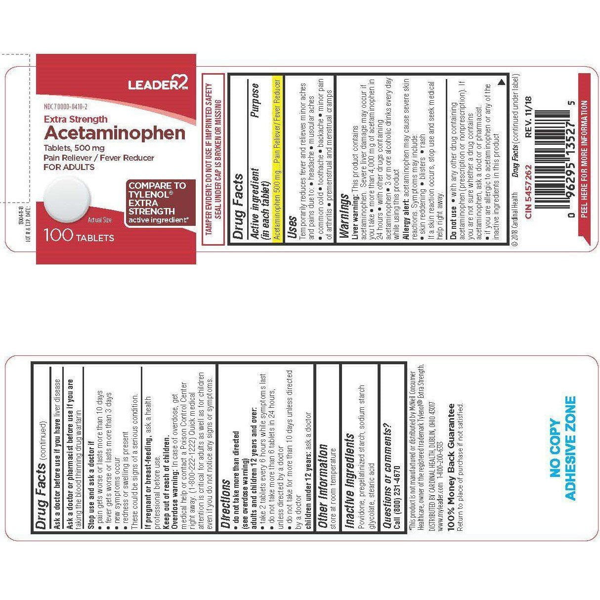 Leader Extra Strength Acetaminophen 500mg Tablets, 100 Count