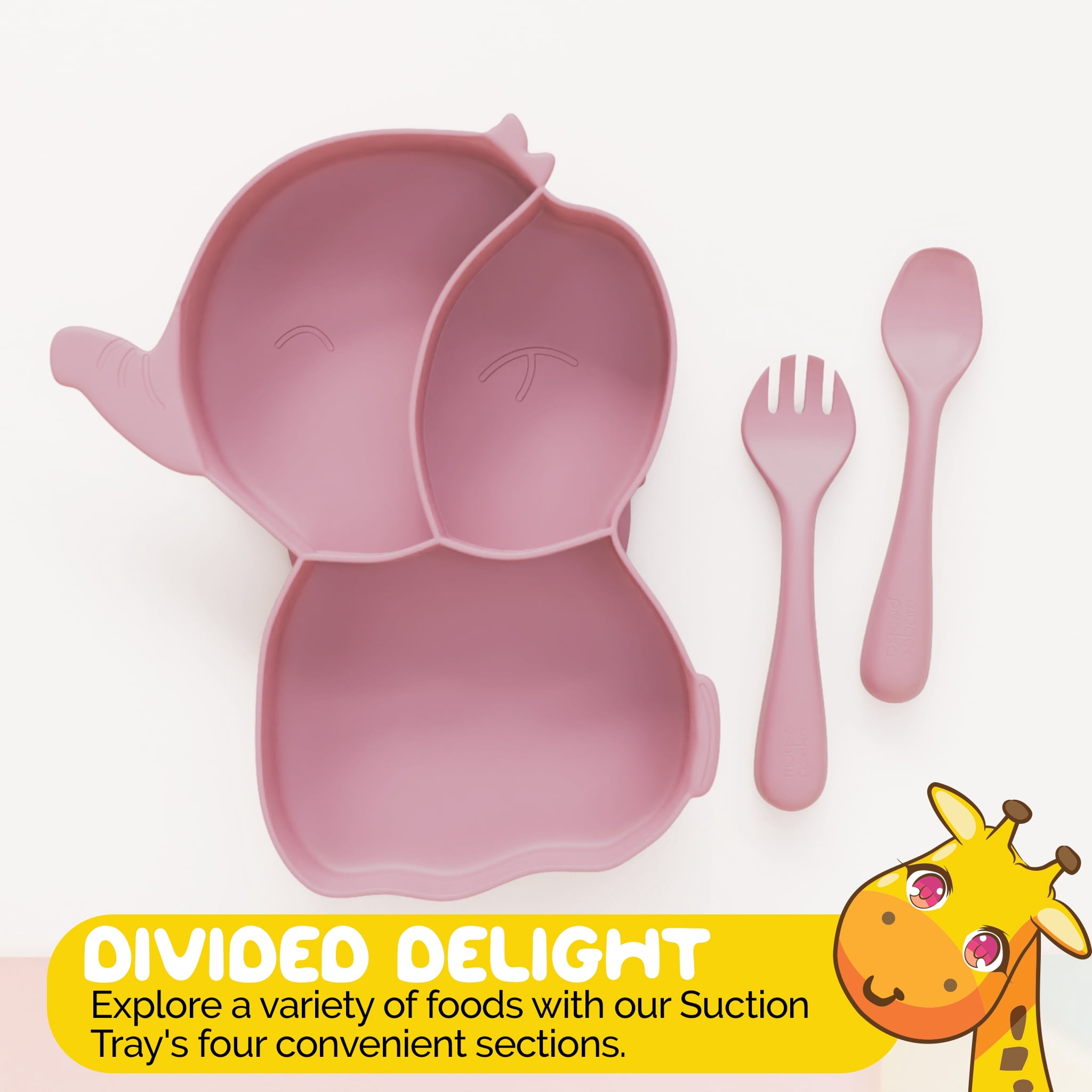 Toddler Dish Set in Pink Feeding Set for Girls by Muqee Peeko with Tray and Baby Utensils - (3 Piece Set)