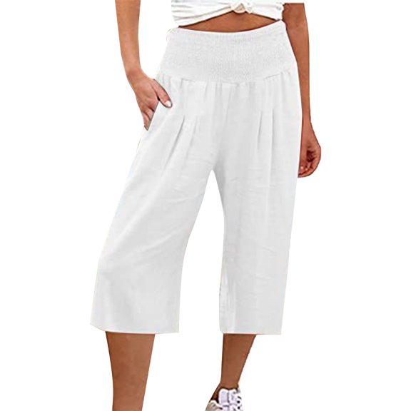 Women'S Cotton And Linen Solid Elastic Waist Cropped High Waist Casual Pants Sweatpants