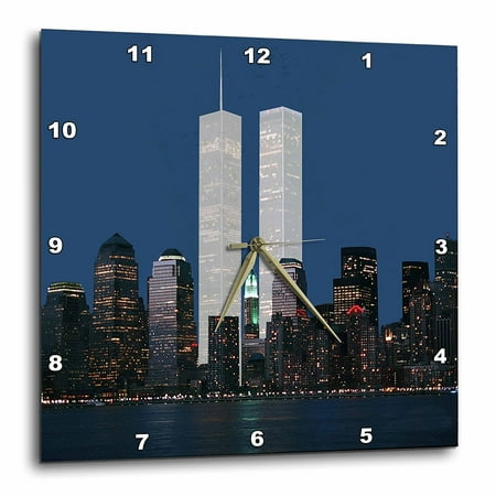 New York City Twin Tower - 3dRose New York City evening skyline featuring the Twin Towers, Wall Clock, 15 by 15-inch