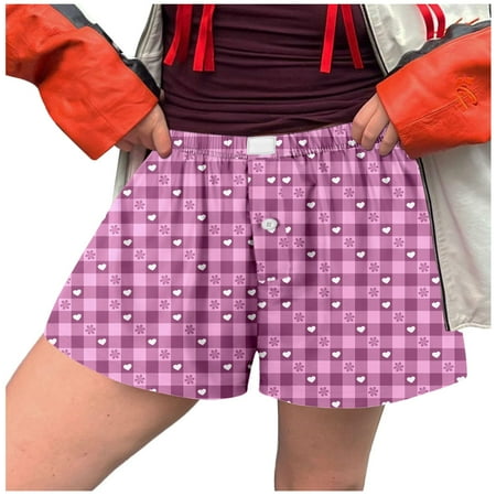 Blphud Womens Shorts Shorts Underwear for Women Cotton Women Shorts Soft Elastic Low Waist Plaid Print Button Front Bottoms Boxer Shorts Womens Baseball Shorts Pink M