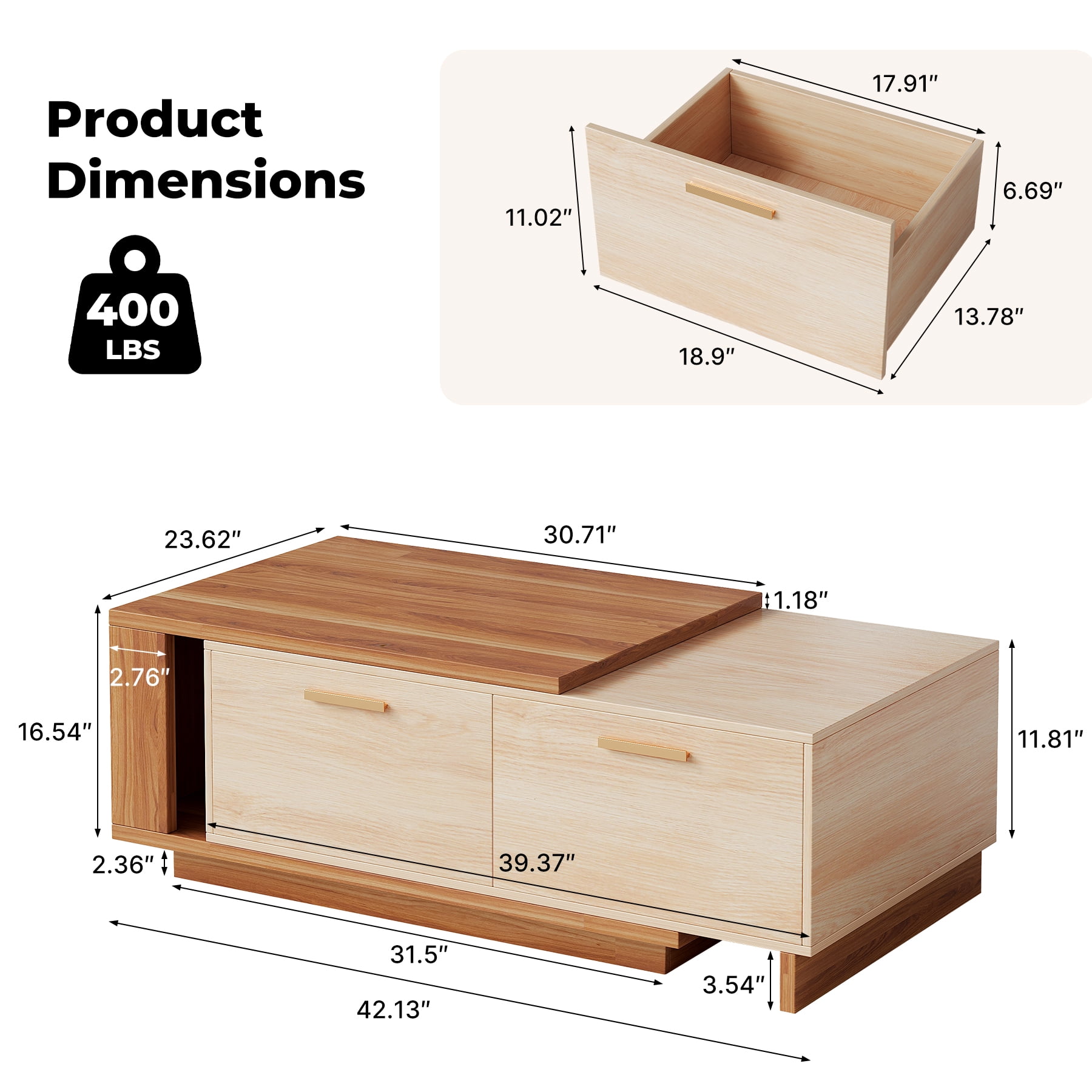 Expandable Coffee Table with Storage, 42''-65'' Two-Tone Wood Coffee Table with 2 Drawers for Living room