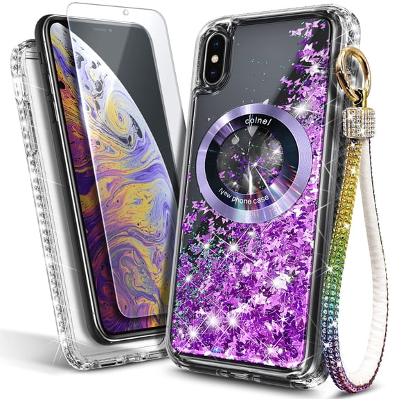 NageBee Designed for iPhone X / Xs Magnetic Case for MagSafe, Tempered Glass Screen Protector/Wrist Strap Lanyard, Glitter Floating Liquid Cute Case (Purple)