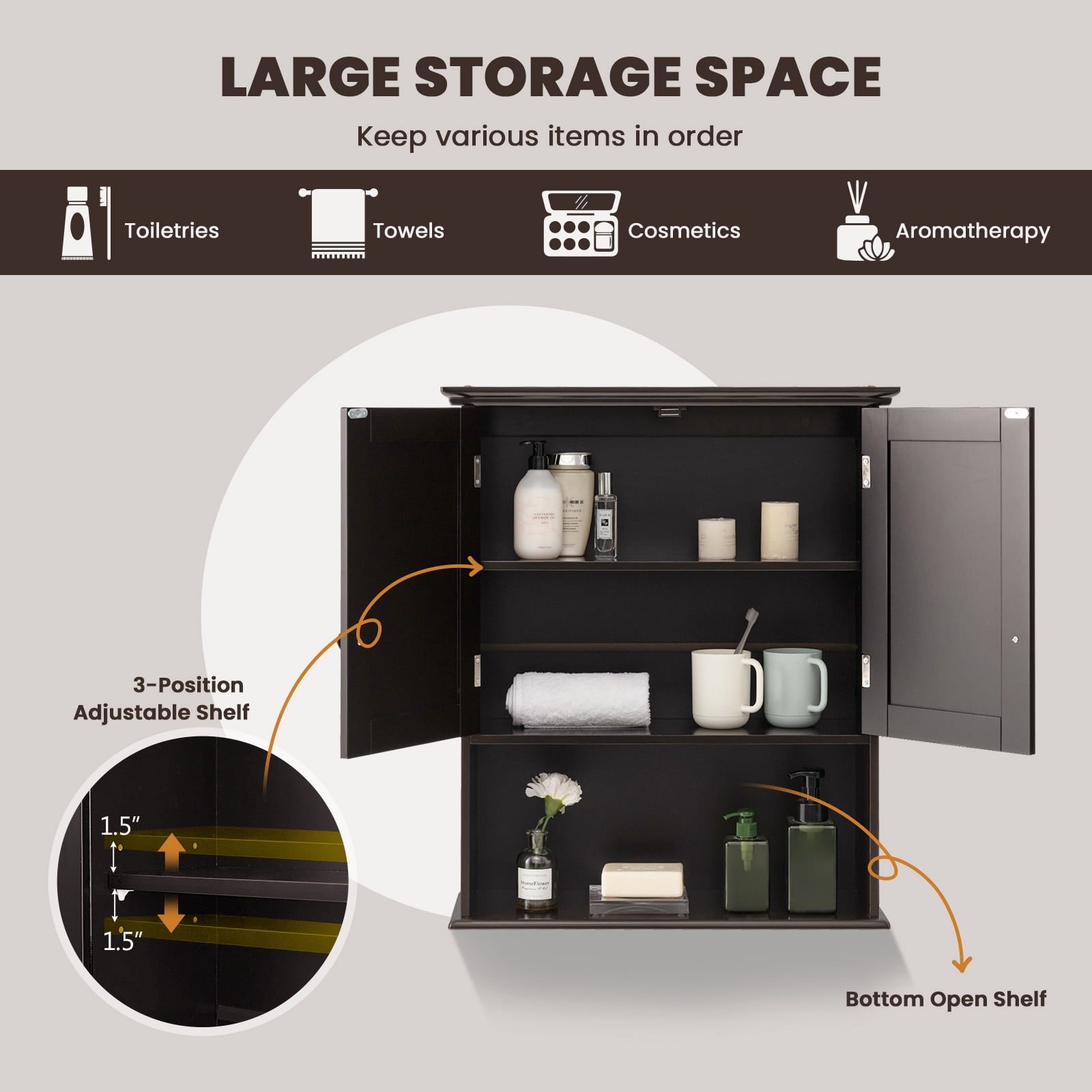 Topbuy Wall Mounted Bathroom Cabinet Double Door Medicine Cabinet Kitchen Cupboard w/ Open Compartment & Adjustable Shelf Espresso