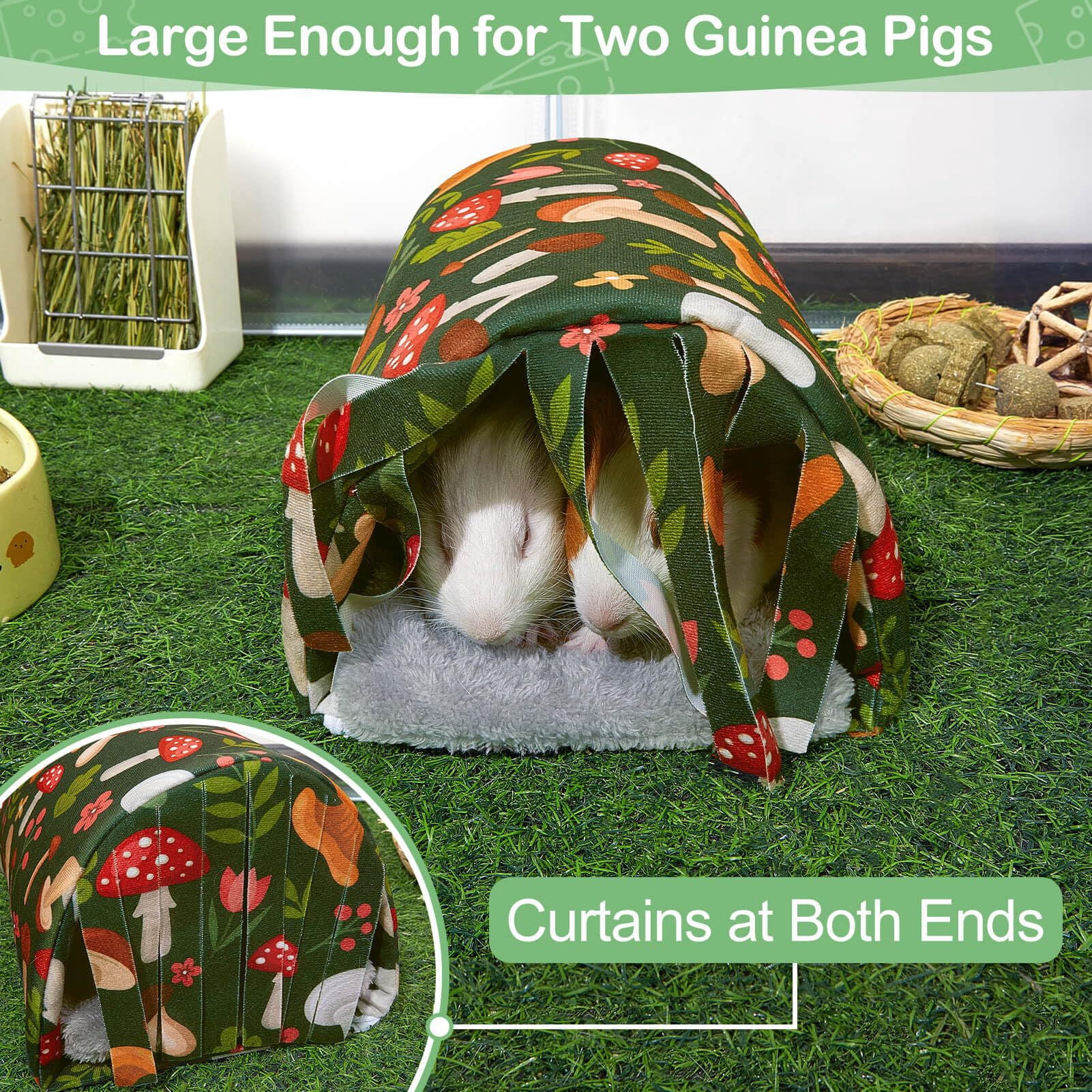 2 pack Guinea Pig Hideout with Curtain and Tunnel - Soft Bed with Cushion - Suitable for Guinea Pig, Hamster, Chinchilla, Bunny - Mushroom