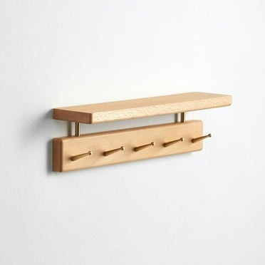 Solid Wood Shelf with Hooks, 14.96 inch Coat Rack Wall Mount, Shelves with 5 Brass Hooks for Hanging in Entryway, Living Room, Bathroom, Bedroom, Kitchen(Beechwood)