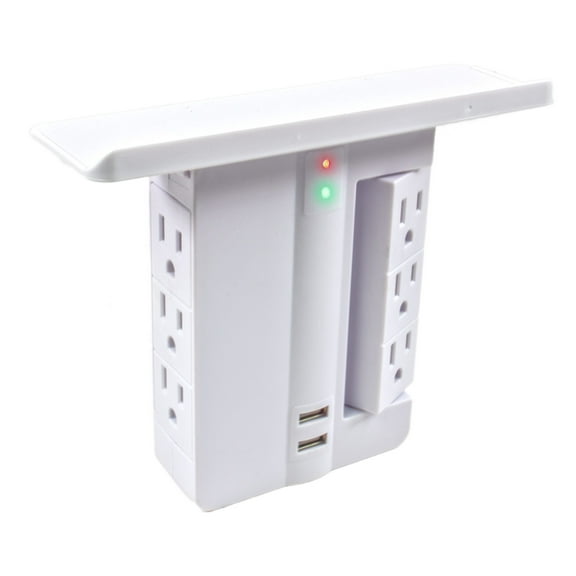 Wall Power Outlet Shelf Deluxe - Rotating Electrical Socket Power Stand Holder - Space Saving, 6 Outlets & 2 USB Fast Charging Ports   Surge Protector