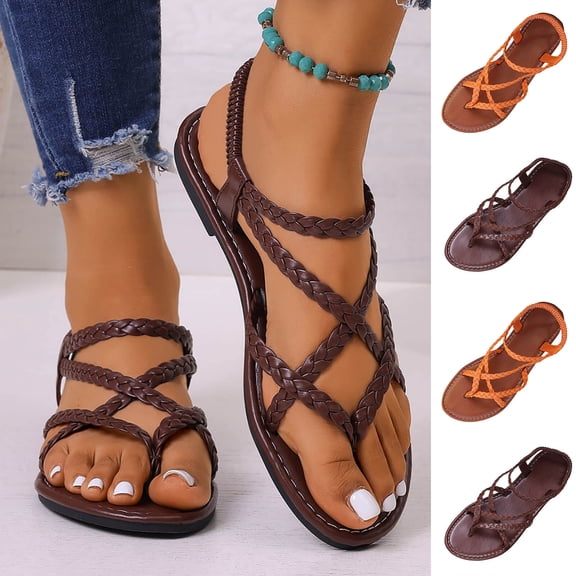 Women's Summer Strappy Flat Sandals Women's Fashionable Casual Outerwear Versatile Plus Size Round Toe Open Toe Flat Woven Sandals With Elastic Back Coffee 39