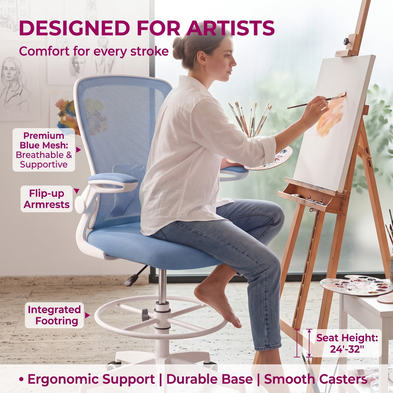 Furnibear Height Adjustable Drafting Chair with Flip-Up Arms for Home Office, Ergonomic Mesh Back Rolling Task Chair with Foot Ring and Lumbar Support, 360, Blue