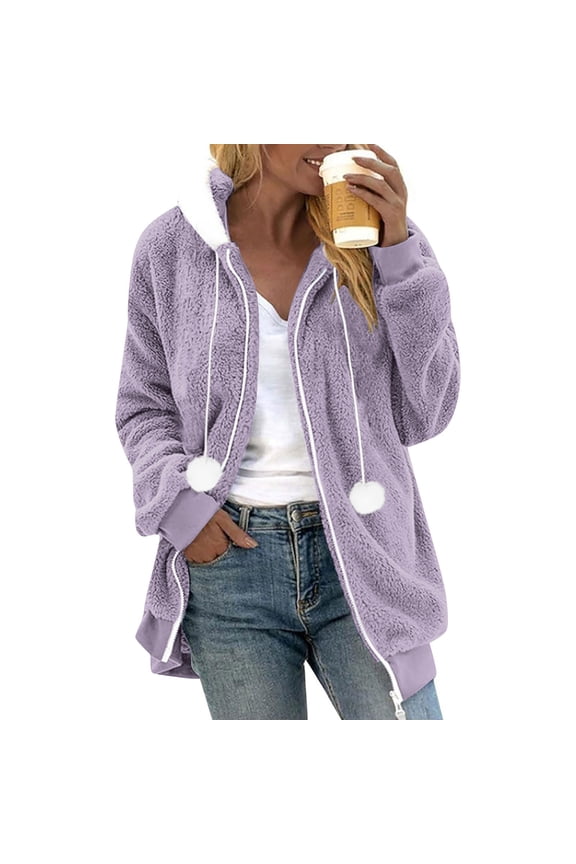 MIUOWANP Winter Fuzzy Fleece Jacket Winter Coats For Women Fleece Jacket Hooded Drawstring Color Block Patchwork Cardigan Coat Outerwear With Pocket