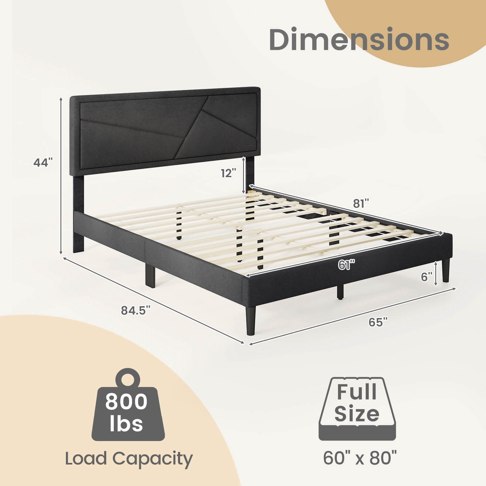 Infans Queen Size Bed Frame w/ High Headboard & Wooden Slats No Box Spring Needed