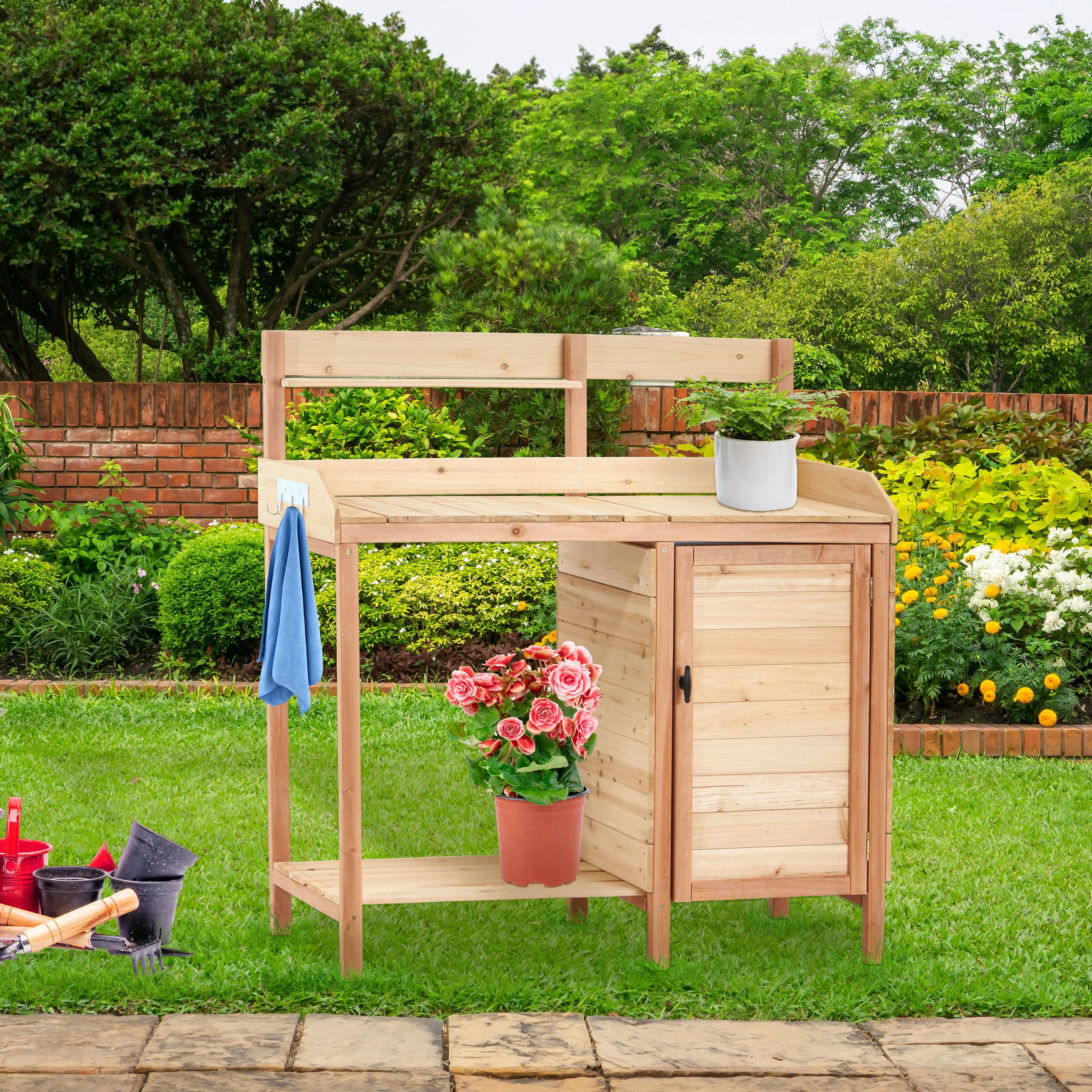MAYEERTY Outdoor Wooden Potting Bench with Sink, Removable Tray & Side Hooks, Garden Workstation for Patio, Backyard