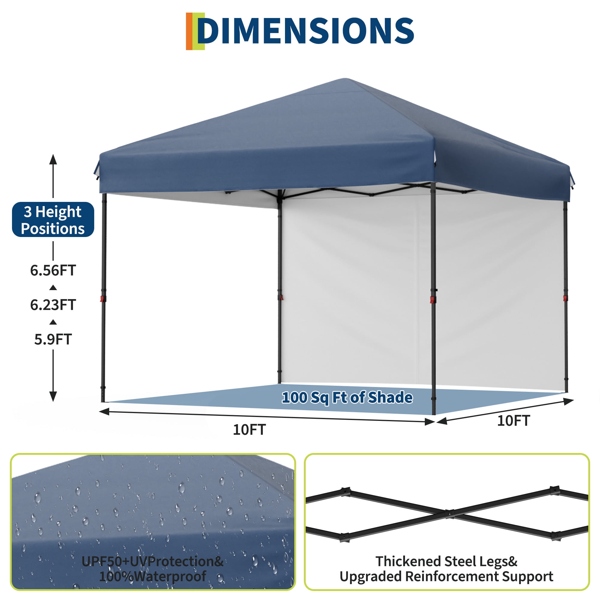 Heavy Duty Pop Up Canopy Tent 10x10 FT – Waterproof & UV-Resistant Outdoor Shelter – 1 Sidewall – Center Lock – Easy One-Person Setup – Ideal for Camping, Tailgating, Picnics, Beach, Events – Blue