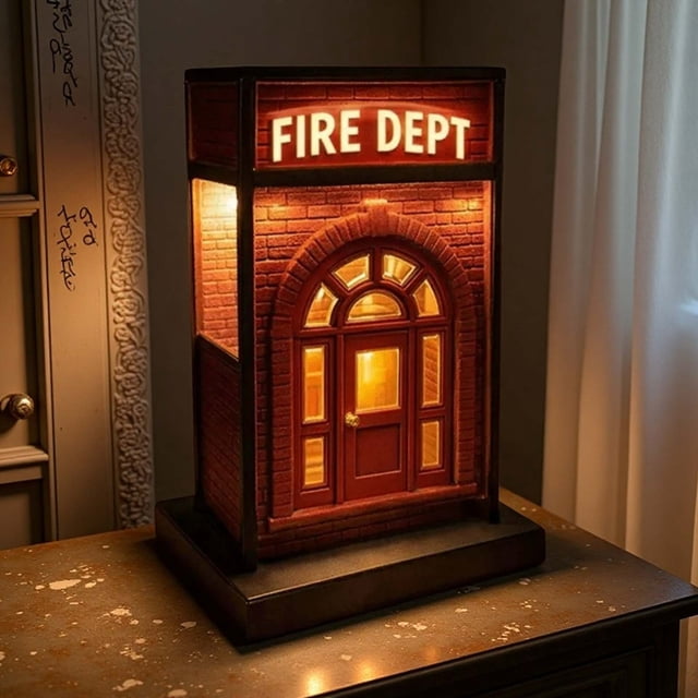 Lámpara miniatura vintage del Departamento de Bomberos: diseño nostálgico de estación de ladrillos con luz cálida para decorar escritorios, estantes o mesitas de noche. Iluminación ambiental inspir