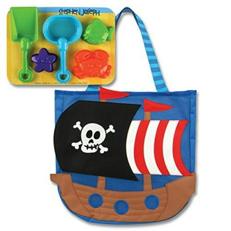 Stephen Joseph Boys Pirate Ship Beach Tote Bag with Bucket Sun Hat and Sunglasses for