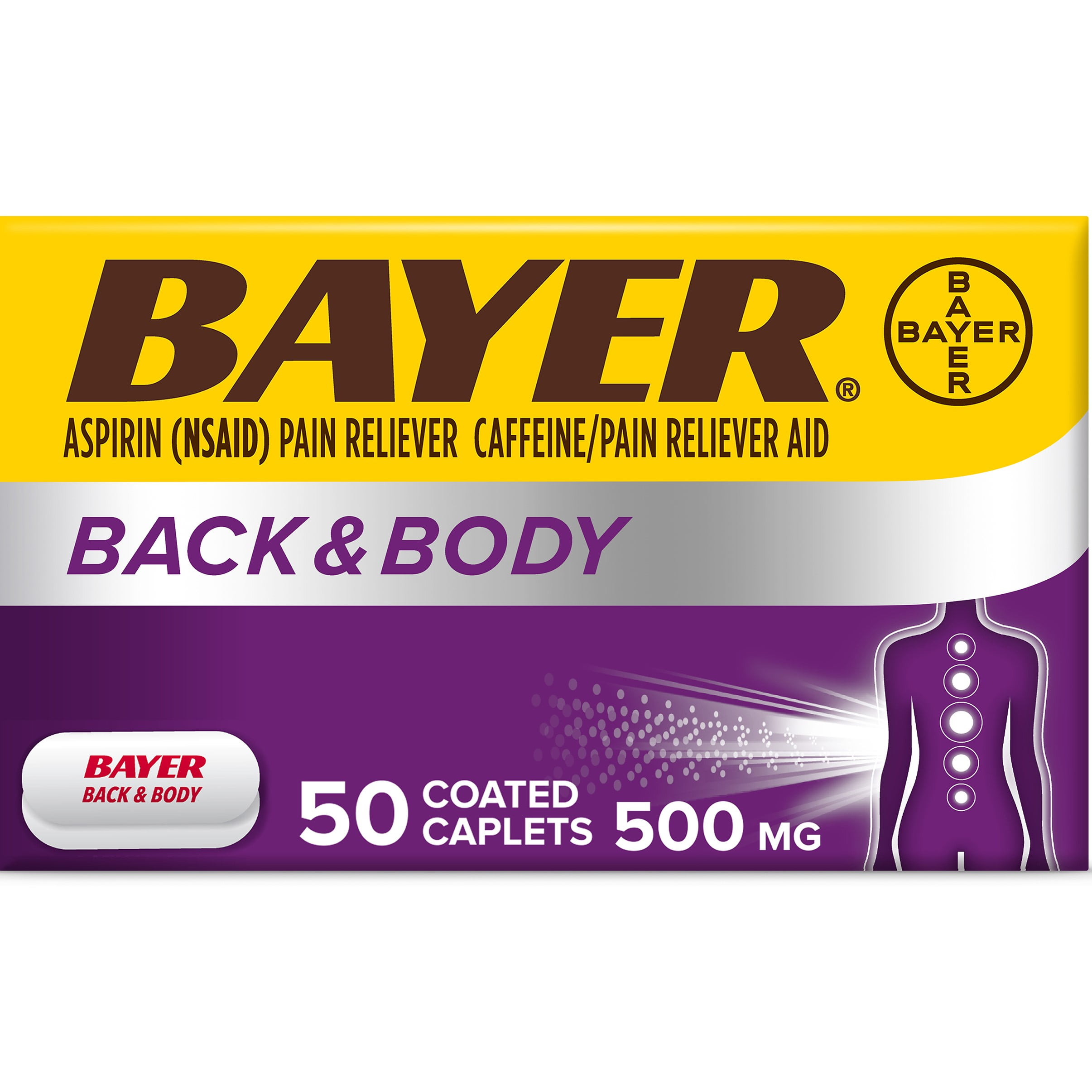 Bayer Back & Body Extra Strength Pain Reliever Aspirin w Caffeine, 500mg Coated Tablets, 50ct