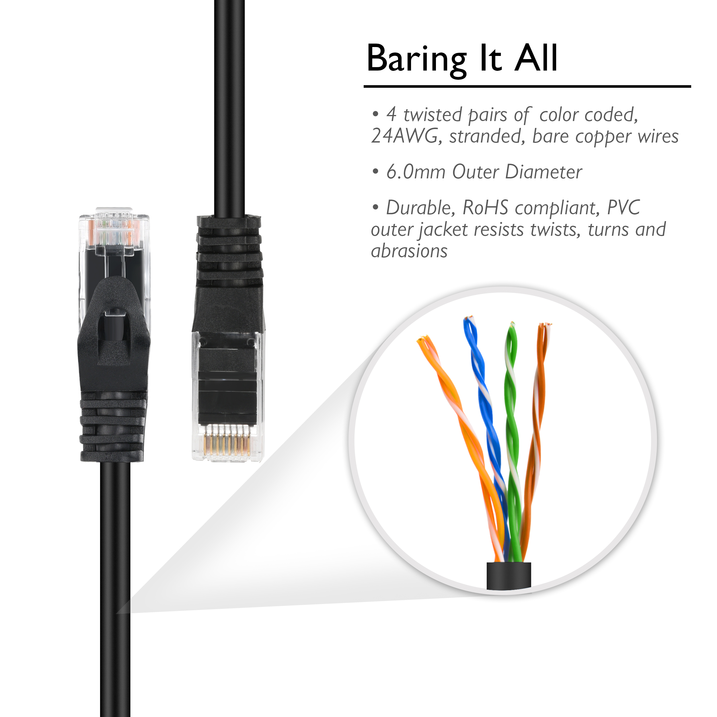 GearIT Cat6 Patch Cable Cat 6 Ethernet Cable Snagless Flexible Soft Tab - Preimum Series, Black