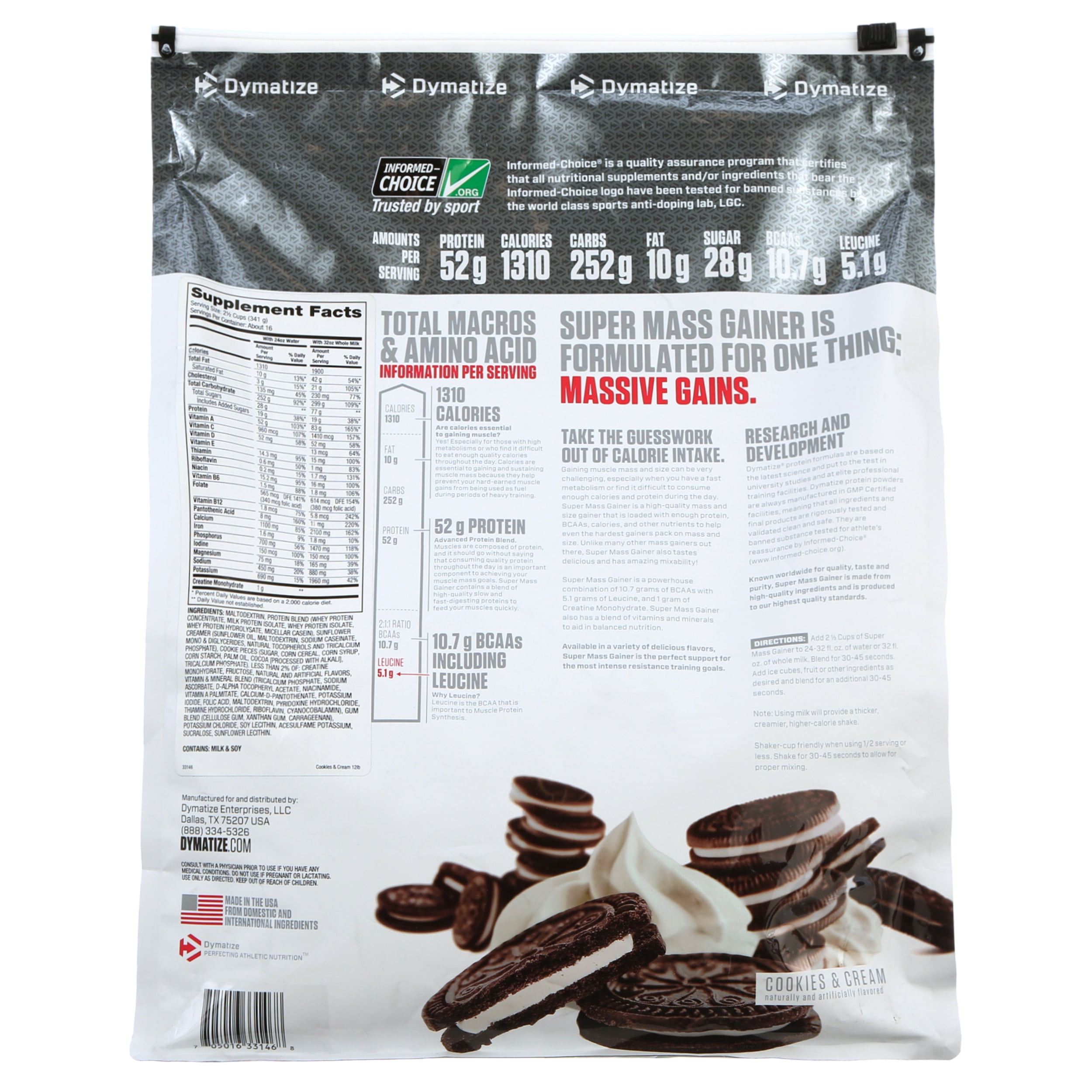 Dymatize Super Mass Gainer, High Protein & Carb Blend, Cookies & Cream, 52g Protein/Serving, 12 Lb