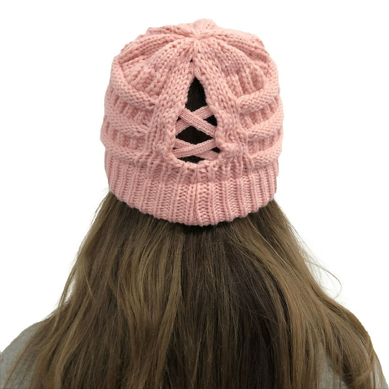 HAWEE Womens Ponytail Beanie Hat with Button for Mask, Criss HAWEE Womens Ponytail Beanie Hat with Button for Mask, Criss