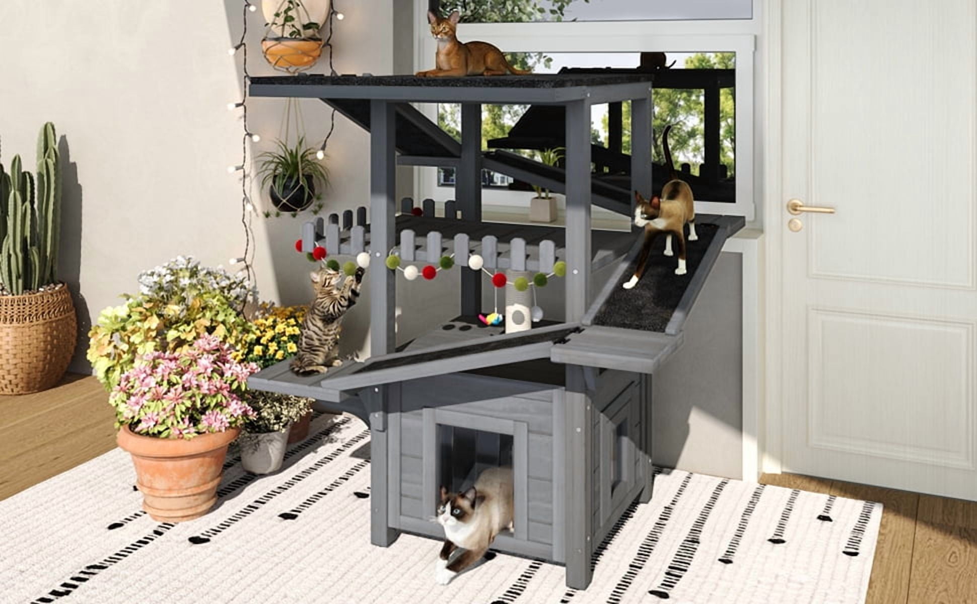 4 Tiers Outdoor Cat House Weatherproof Cat Tree Tower with Waterproof Roof and 2 Doors, Feral Cat Shelter Outside Enclosure, Multi-Level Play Zones with Balcony, for Small Animals, Grey