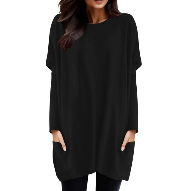 Hauts d'Automne et d'Hiver pour Femmes Confortables à Col Rond, Manches Longues, Grande Taille, T-Shirt Long, sous-Vêtement pour Femmes, Haut avec Poche, Manches Bouffantes, T-Shirts Imprimés pour Femmes