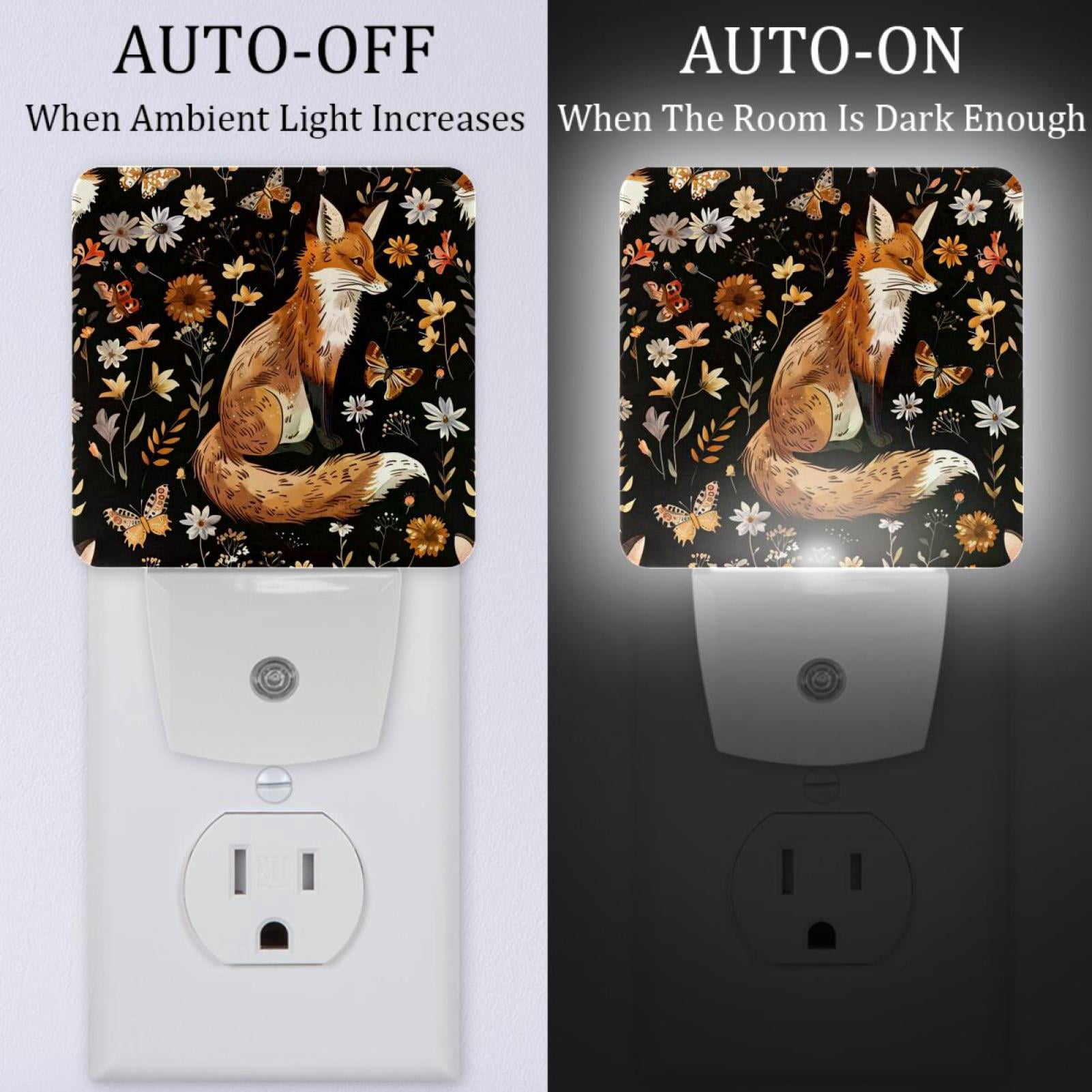 PhooArto Fox and Flowers Pattern Plug in LED Night Light Auto Sensor Dusk to Dawn Decorative Night for Bedroom, Bathroom, Kitchen, Hallway, Stairs, Baby's Room, Energy Saving