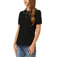 thumbnail image 4 of MODA NOVA Juniors' 2023 Peter Pan Collar Contrast Trim Puff Short Sleeve Summer Blouse Tops Black XS, 4 of 6